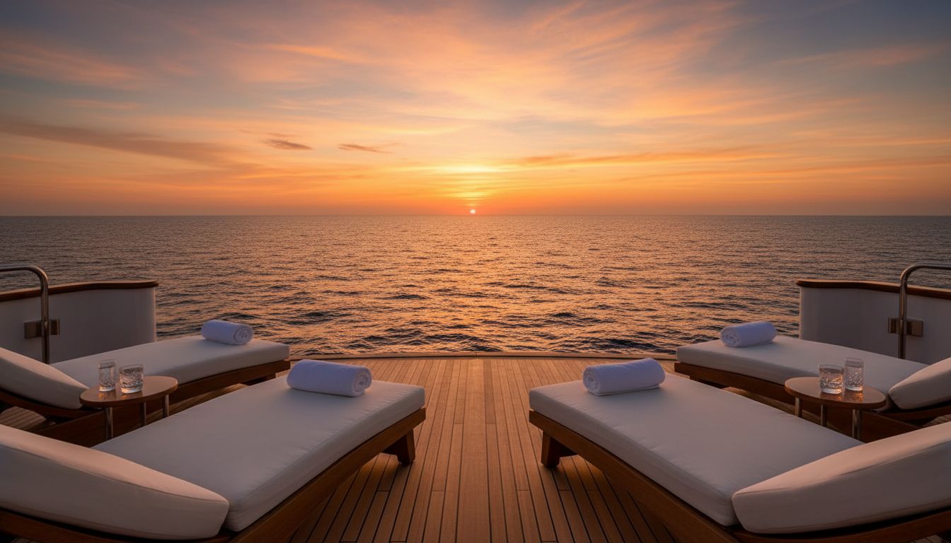 Sun loungers on a yacht’s aft deck facing an orange sunset over open water
