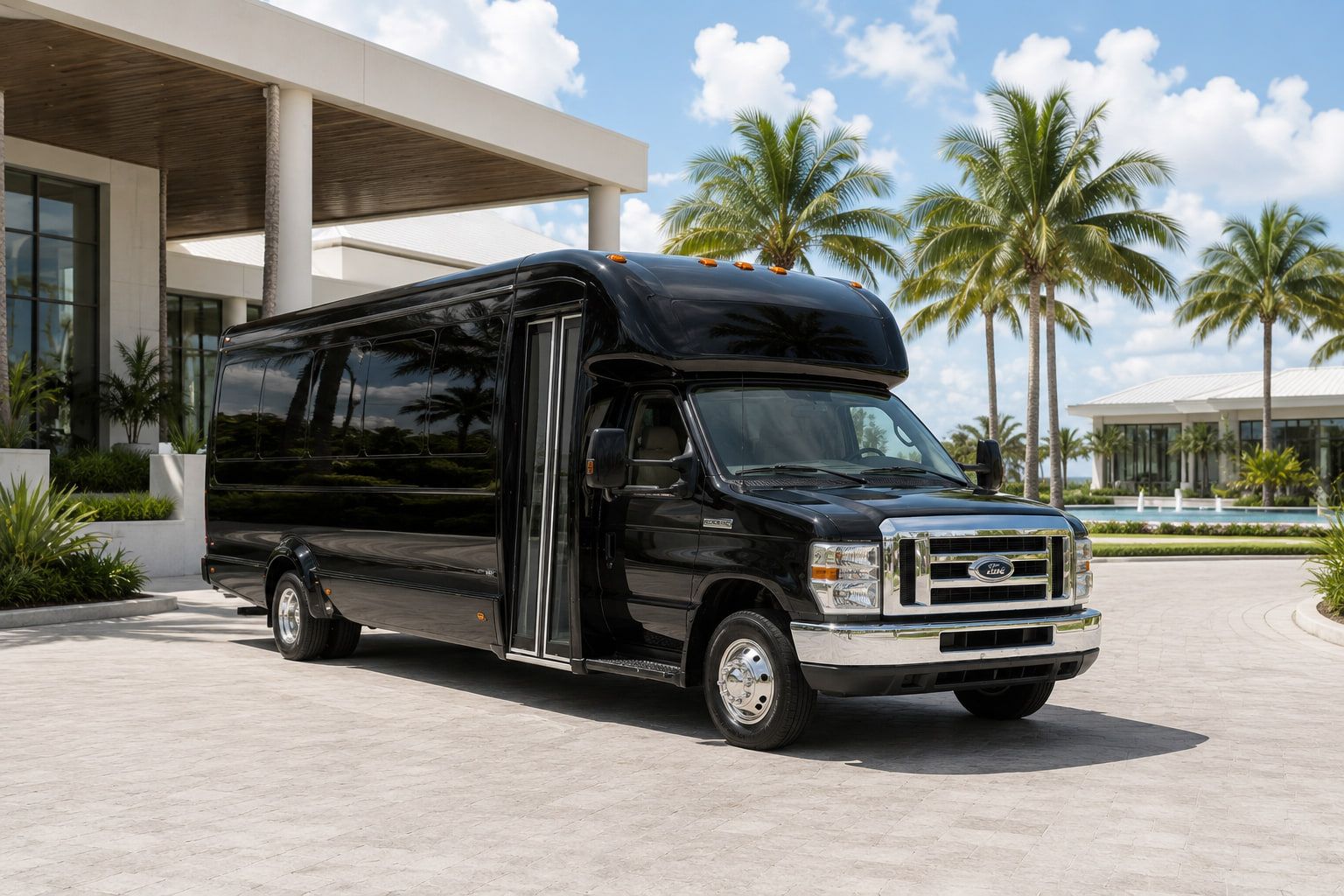 Black 23-passenger mini bus at a resort entrance framed by palms in South Florida