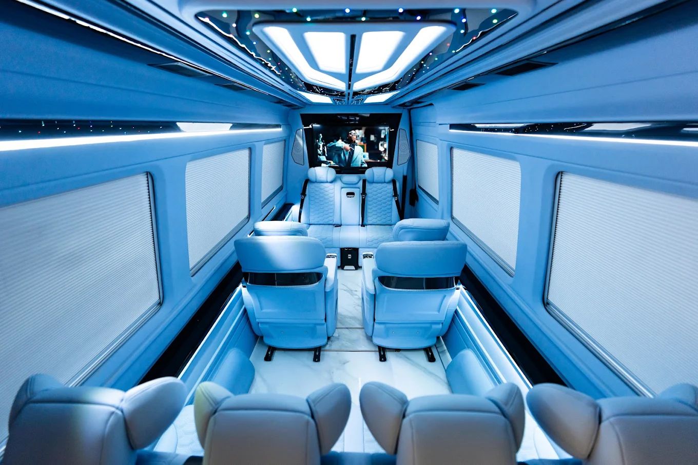 Leather seating inside an Aura Palm Executive Sprinter used for convention shuttle loops
