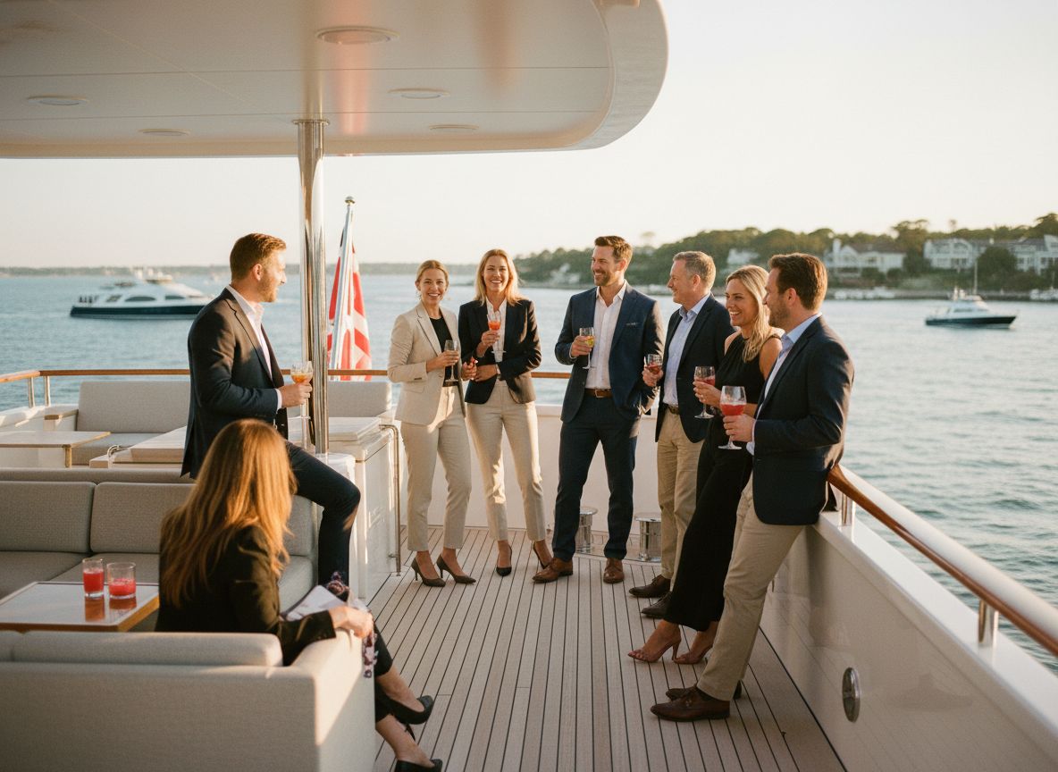 A group in business attire talking on the deck of a yacht