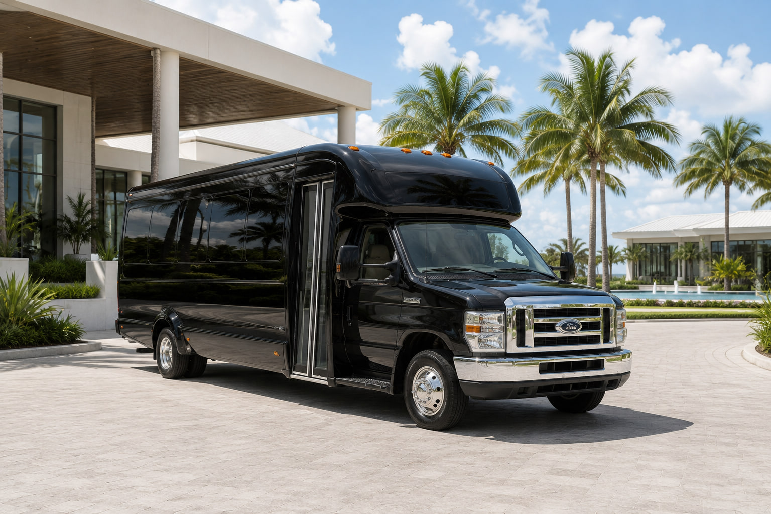 Black 23-passenger mini bus at a resort entrance framed by palms in South Florida