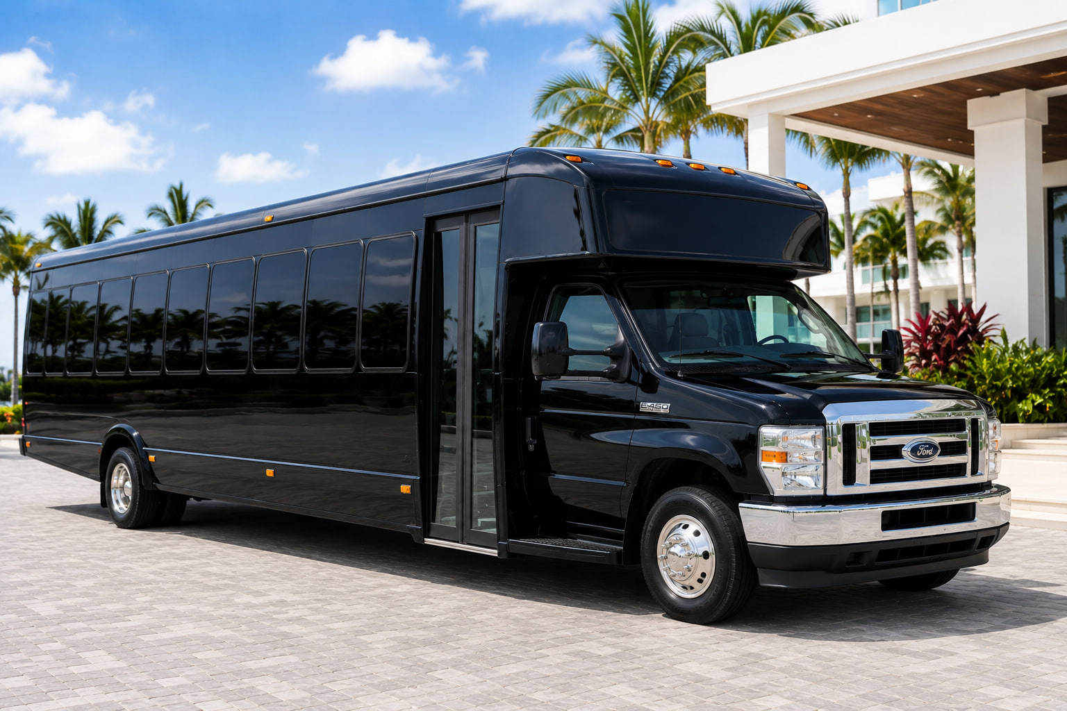 Black 40-passenger mini bus parked outside a modern South Florida building