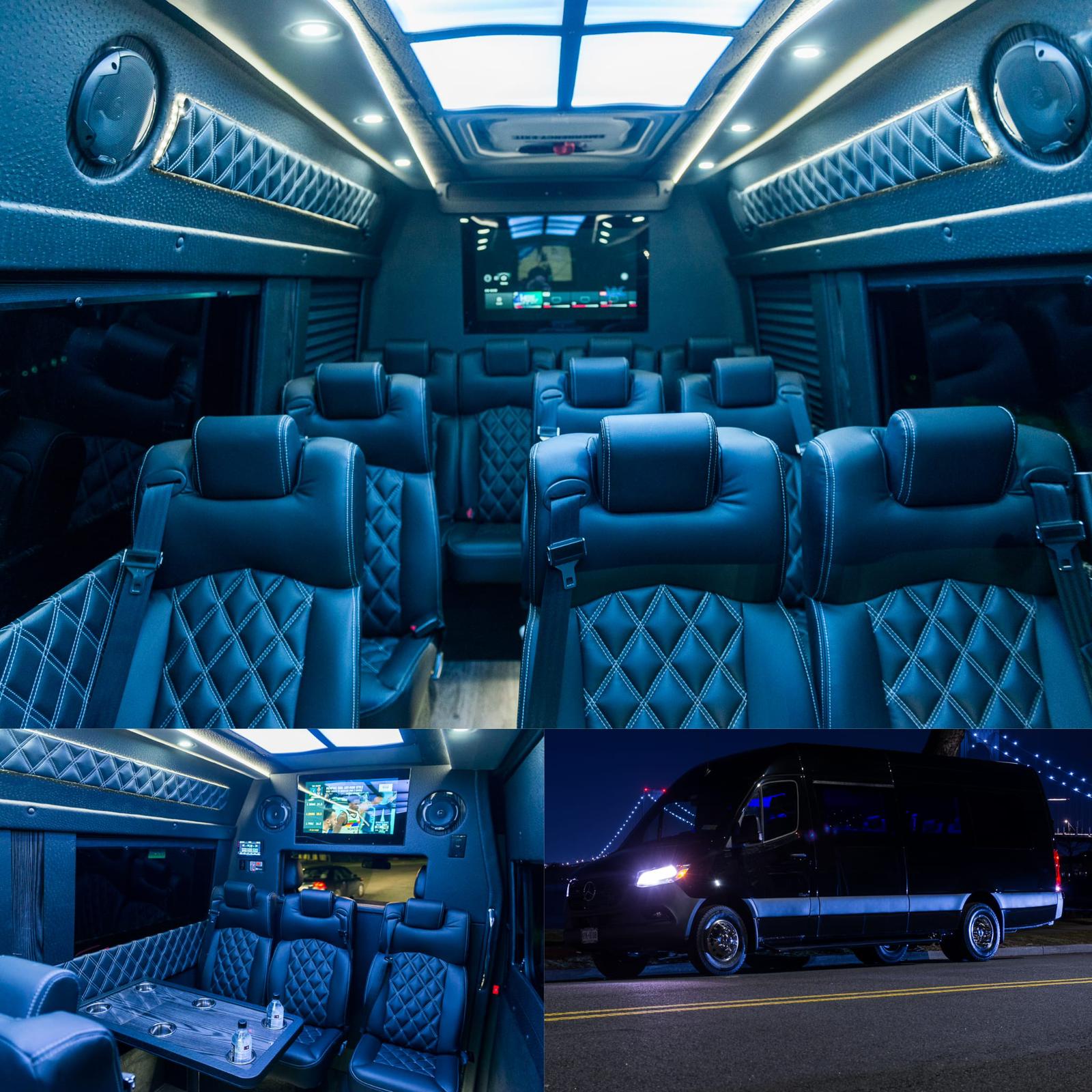 Quilted leather seating and overhead lighting inside an Aura Palm executive Sprinter
