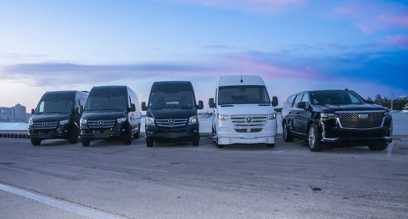 The Aura Palm fleet lined up at dusk, ready for a Fort Lauderdale event run
