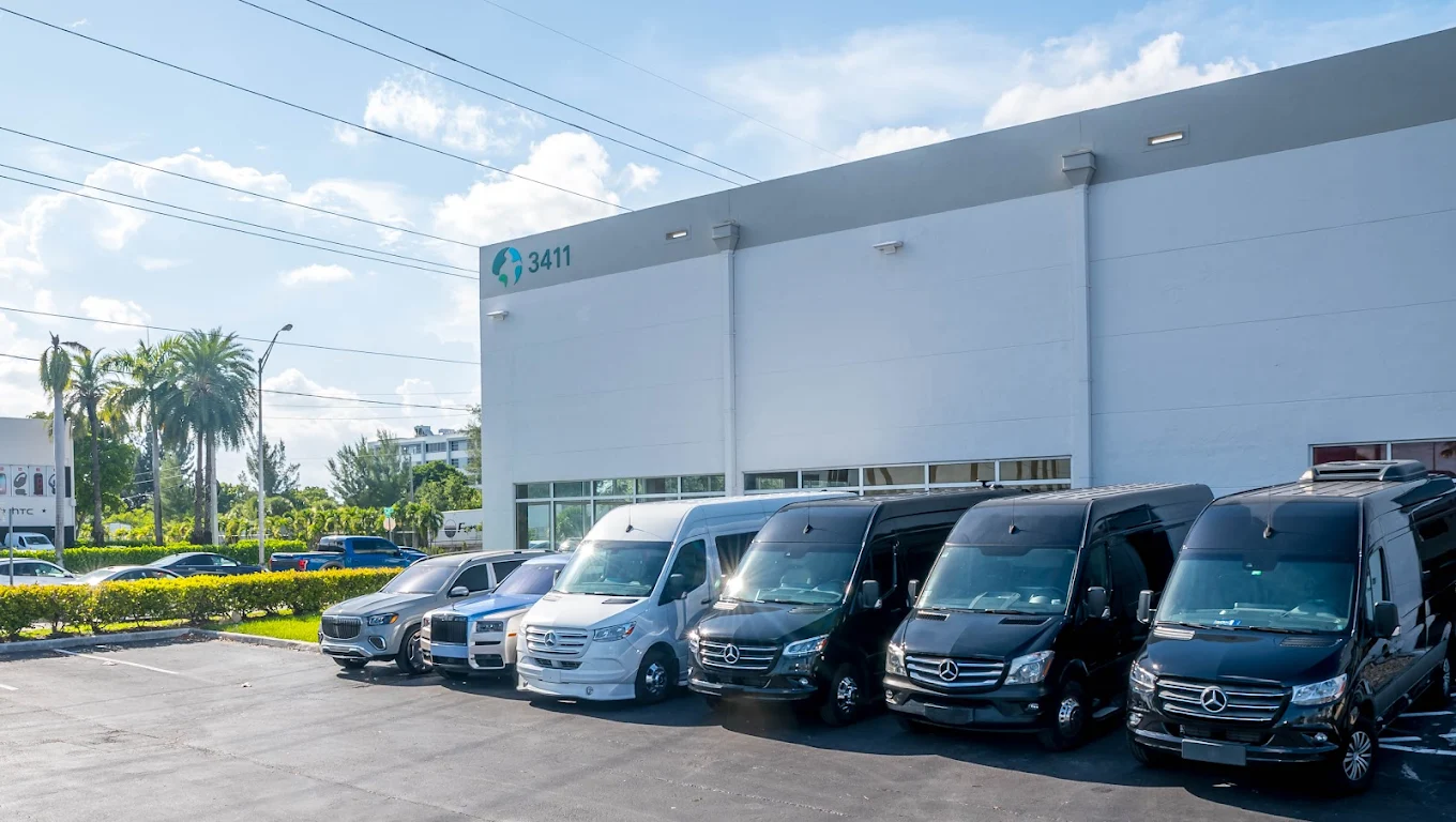 Aura Palm Mercedes Sprinter vans and vehicles at the company depot in South Florida
